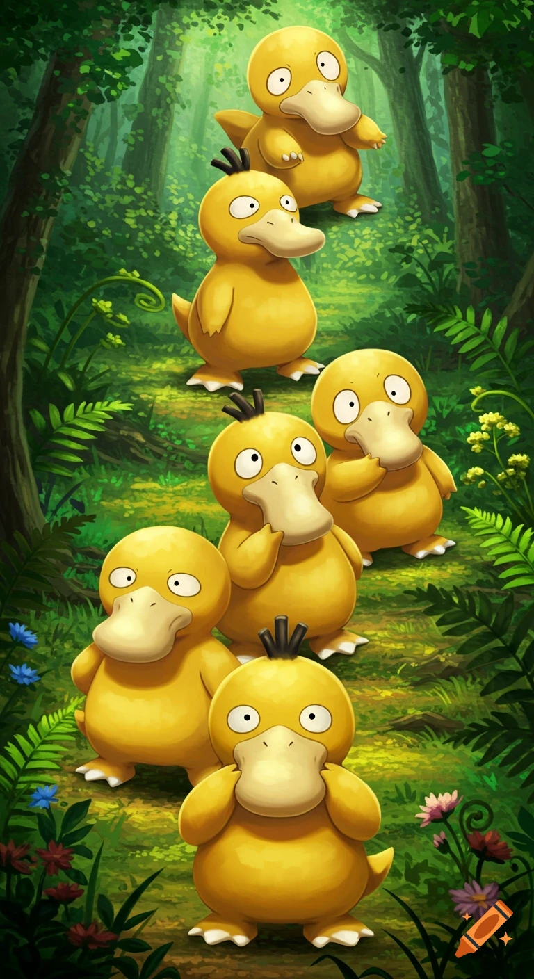 A vertical painting featuring several yellow Psyduck Pokemon characters with various expressions in a dense green forest.