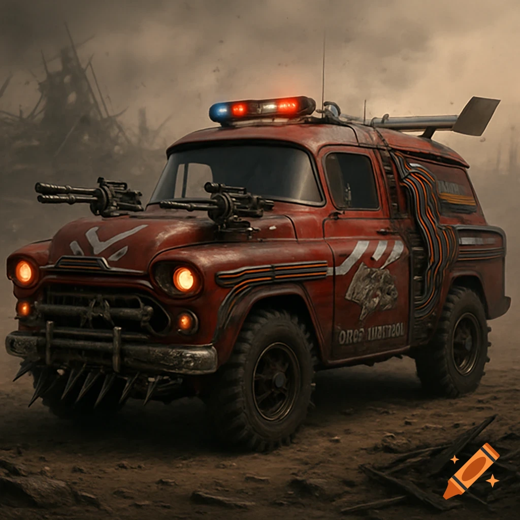 A crimson red 1959 Chevy Apache panel van in a desolate wasteland, heavily armored with front spikes, dual Vulcan guns, a light bar, and an asymmetrical wing. The style is detailed and gritty.