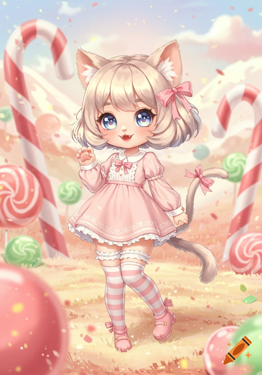 A cute chibi cat girl in a pink dress and striped stockings stands in a candy land with large lollipops and candy canes, in anime style.