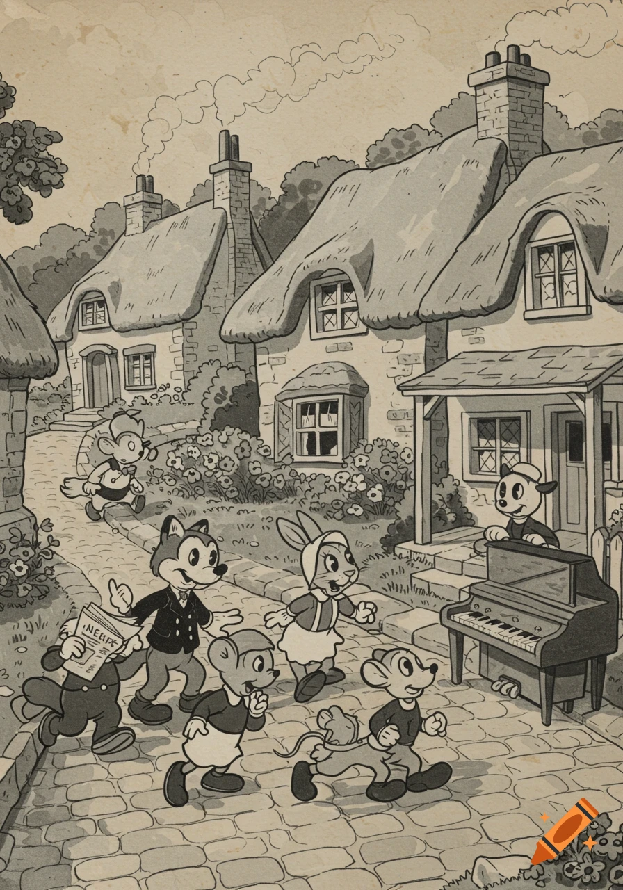 Black and white vintage cartoon in rubber hose style: anthropomorphic animals walk through a charming village with thatched cottages.