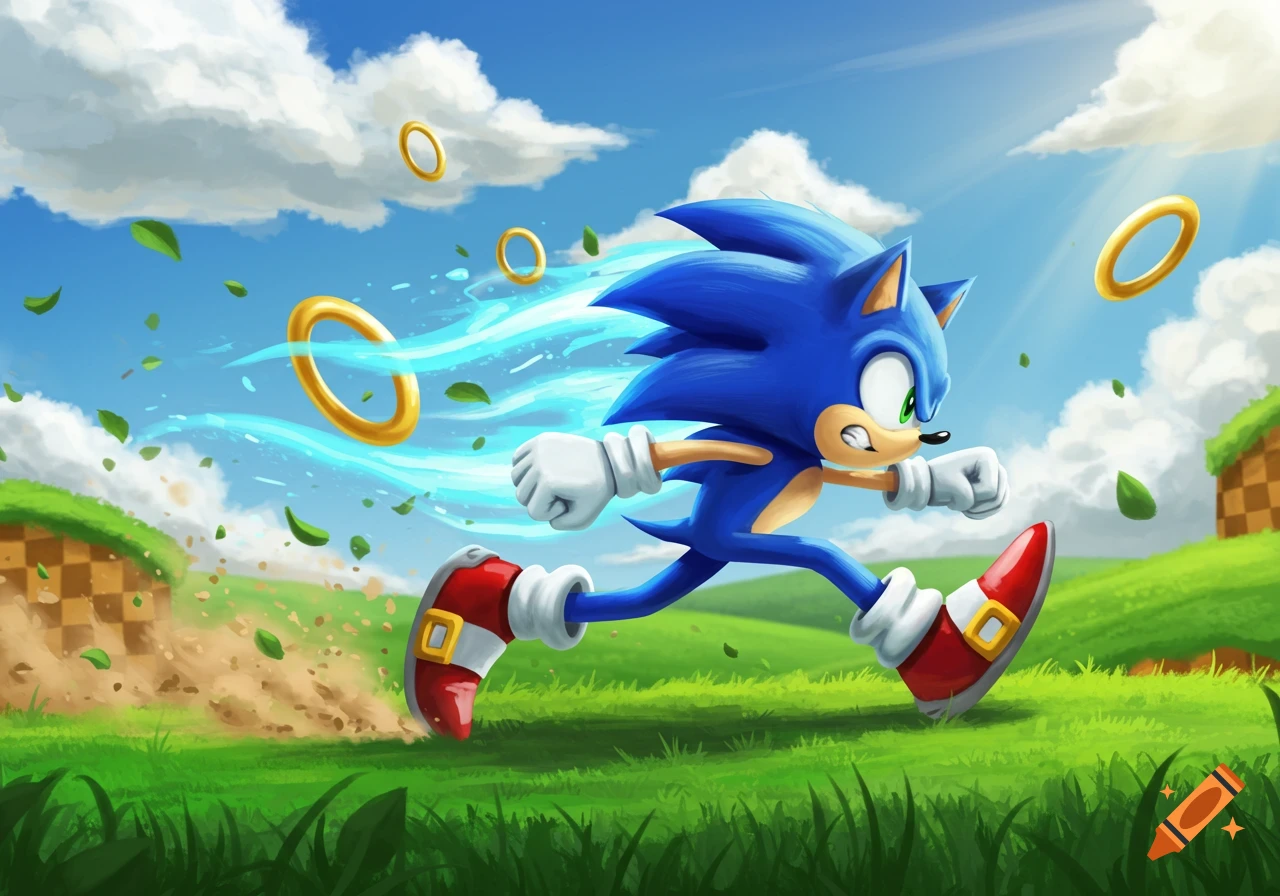 Sonic the Hedgehog runs at high speed through a vibrant green landscape with gold rings and leaves flying around him.