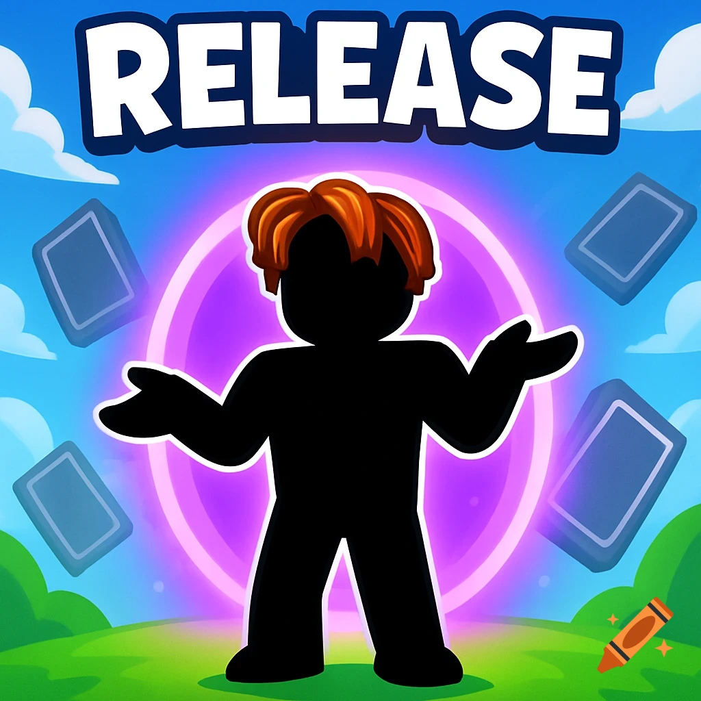 A Roblox-style game thumbnail featuring a black silhouette character with orange hair, surrounded by a purple aura and floating grey portals, with the word "RELEASE" at the top.