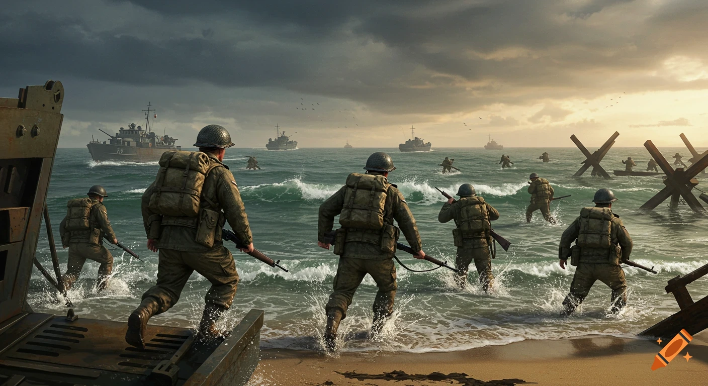 Photorealistic image of Allied soldiers exiting landing boats onto a sandy beach, running through waves towards shore.