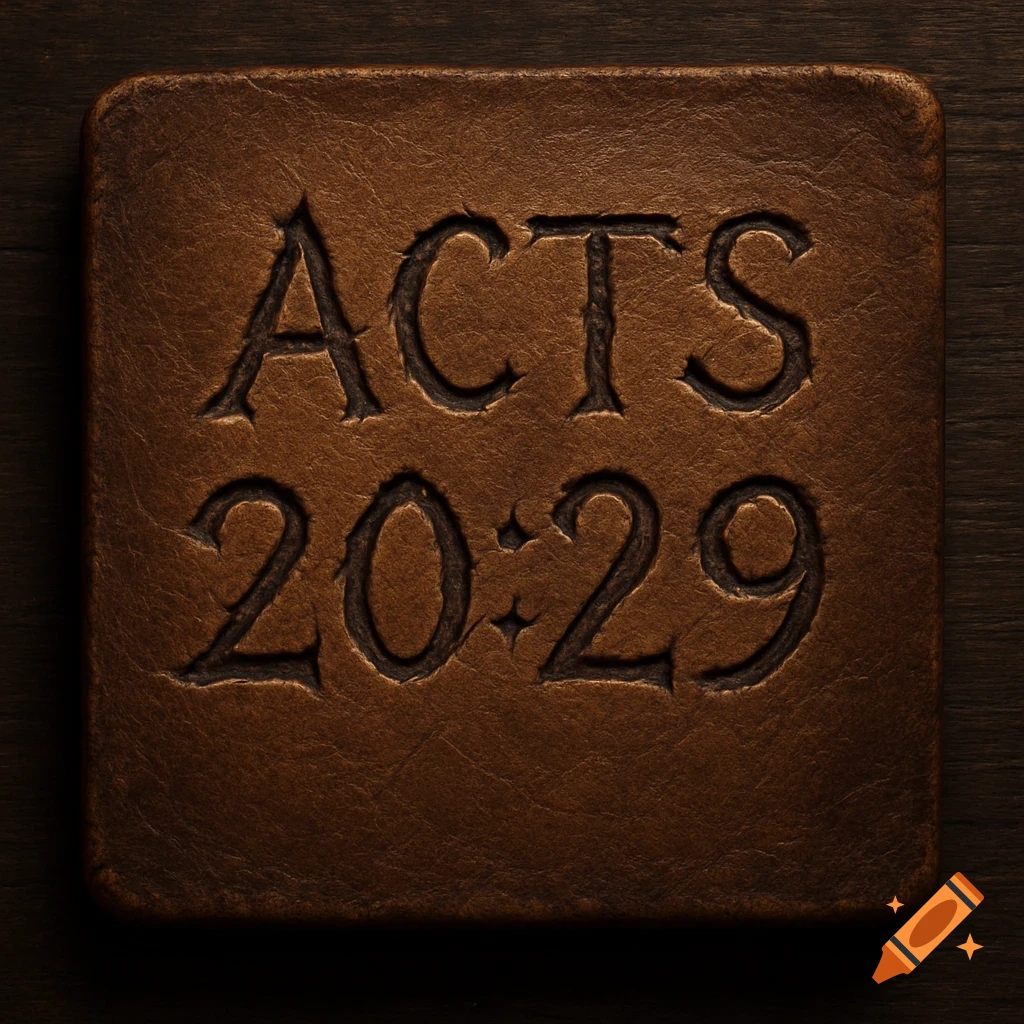 A flat, square piece of brown leather with 'ACTS 20:29' carved into its surface.