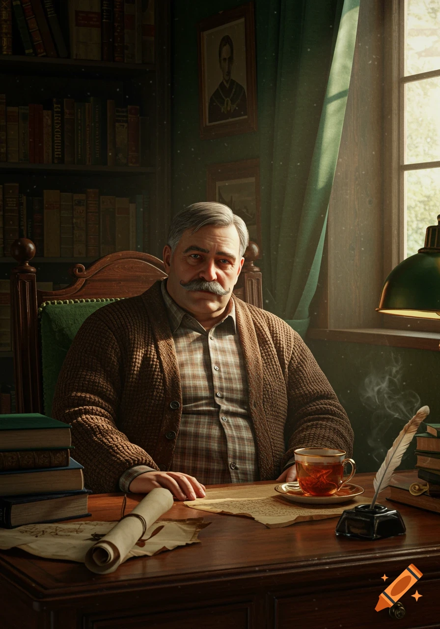 A middle-aged man with a mustache sits at a wooden desk in a study, surrounded by books and papers, with a quill and teacup. Photorealistic style.