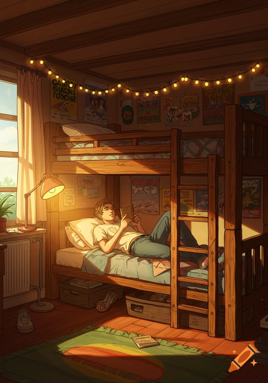 A person reads a book in the bottom bunk of a wooden bunk bed, bathed in warm sunlight from a window, in a cozy bedroom.