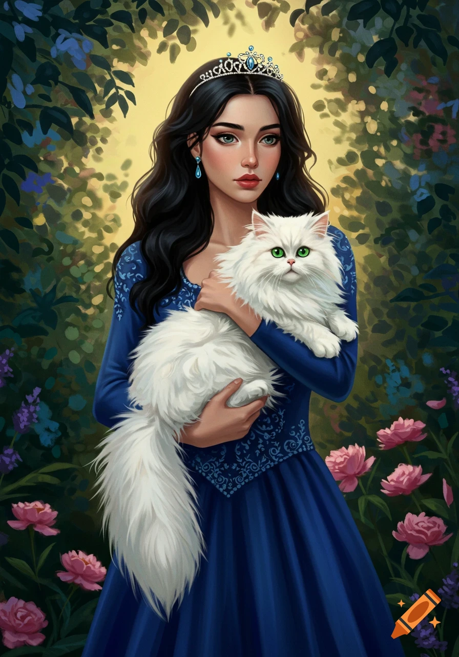 A princess with dark hair wearing a blue dress and a tiara, holding a fluffy white cat with green eyes in a lush garden.
