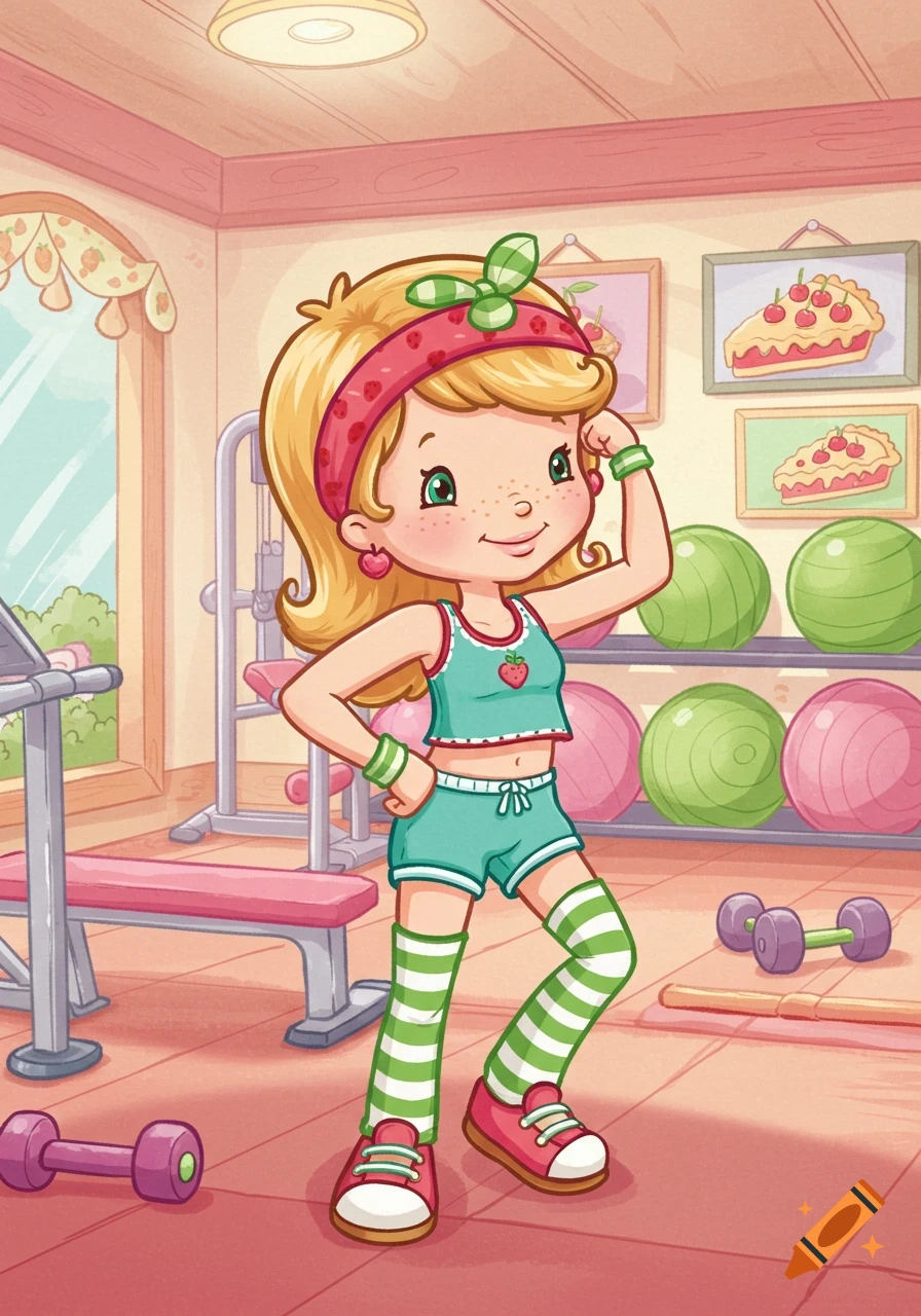 A smiling cartoon girl with blonde hair, wearing a teal crop top, shorts, and green-striped socks, flexes her arm in a pink gym.