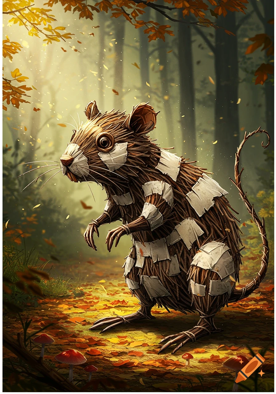 An illustrative, stylized rat-like creature made of sticks and paper stands in an autumnal forest with fallen leaves and mushrooms.