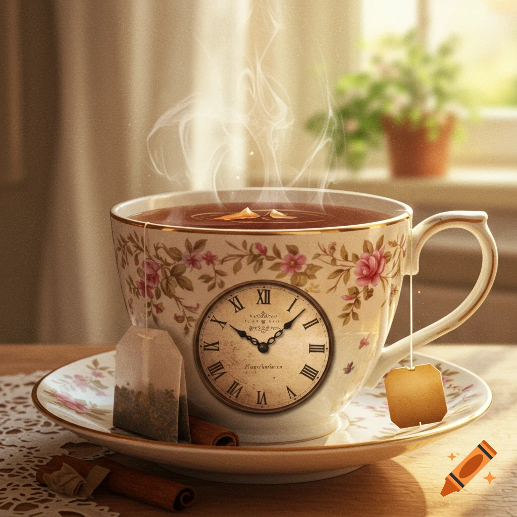 A steaming teacup with a clock face on its side, next to a tea bag and cinnamon sticks, in a warm, sunlit setting.