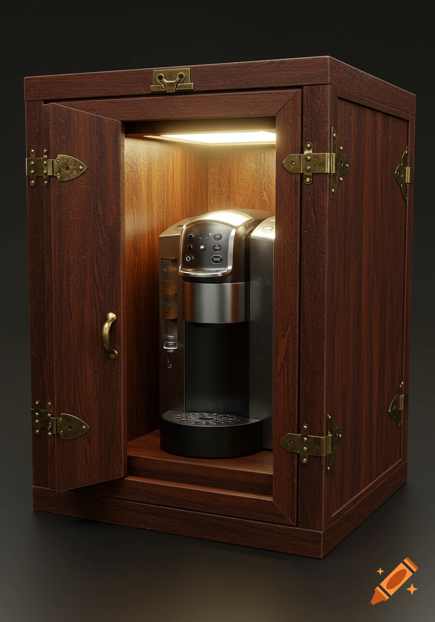 A photorealistic depiction of a silver and black K-pod coffee maker housed inside an illuminated dark wooden box with open doors and brass hardware.