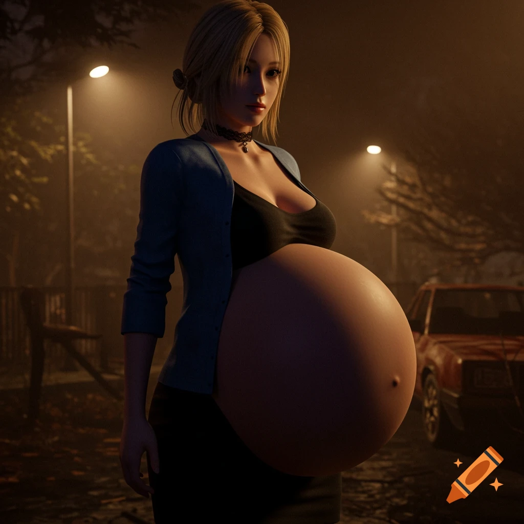 Blonde woman with impossibly large pregnant belly on a dark, foggy street, in a 3D game style.