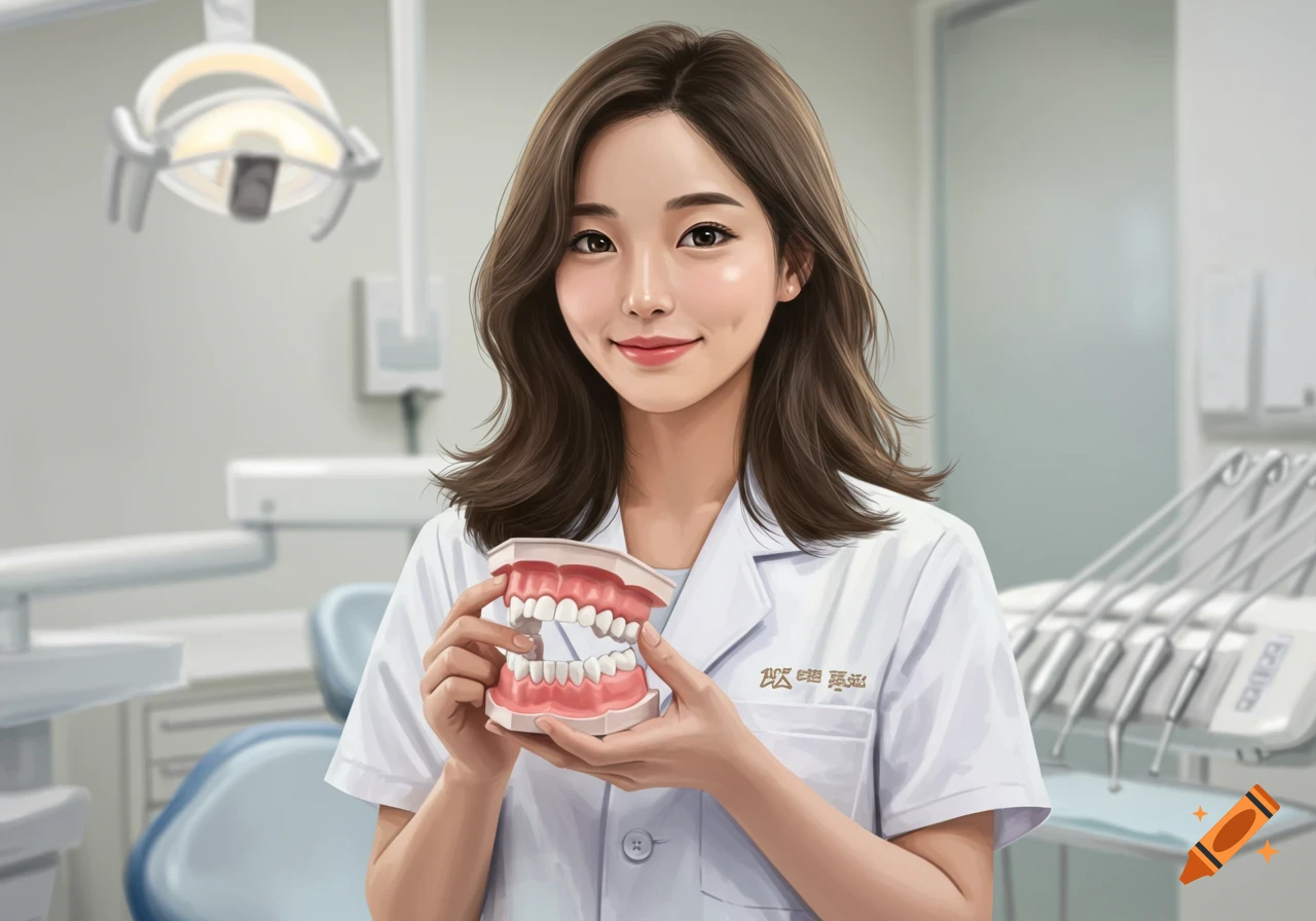 A smiling female dentist in a white coat holds a teeth model in a dental office, illustrated.