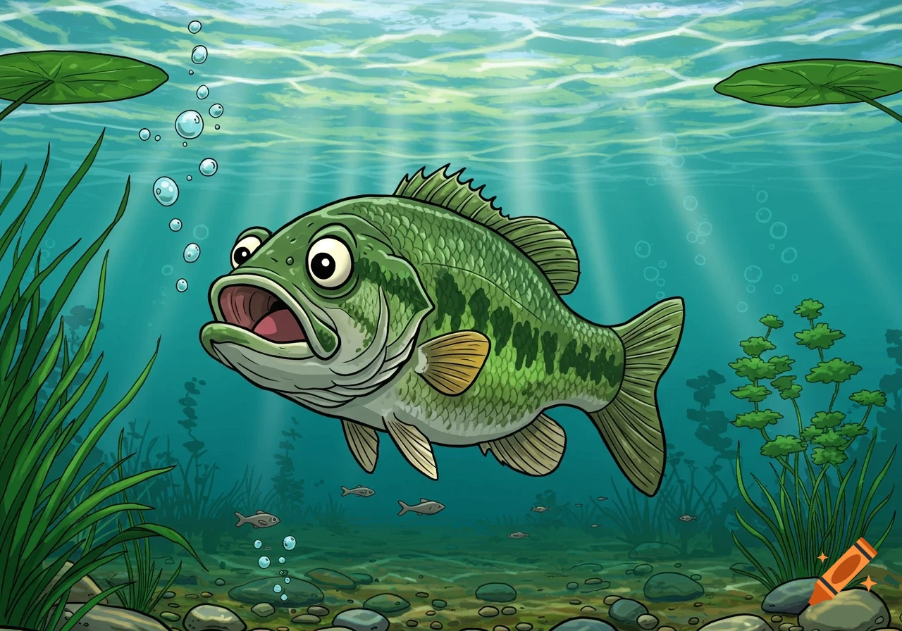 A cartoon largemouth bass with a surprised expression swims underwater in a lake, surrounded by plants and rocks.