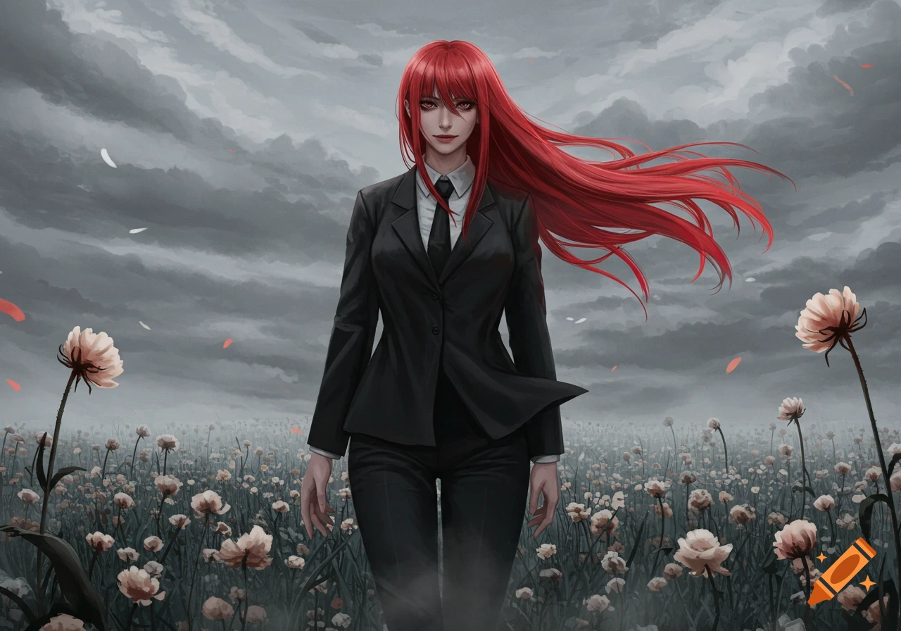 A woman with long red hair and a black suit stands in a field of light-colored flowers under a stormy gray sky.