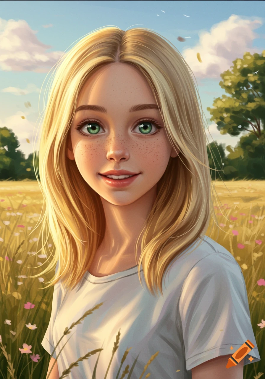 A smiling blonde girl with green eyes and freckles stands in a sunlit field of wildflowers, in a digital art style.