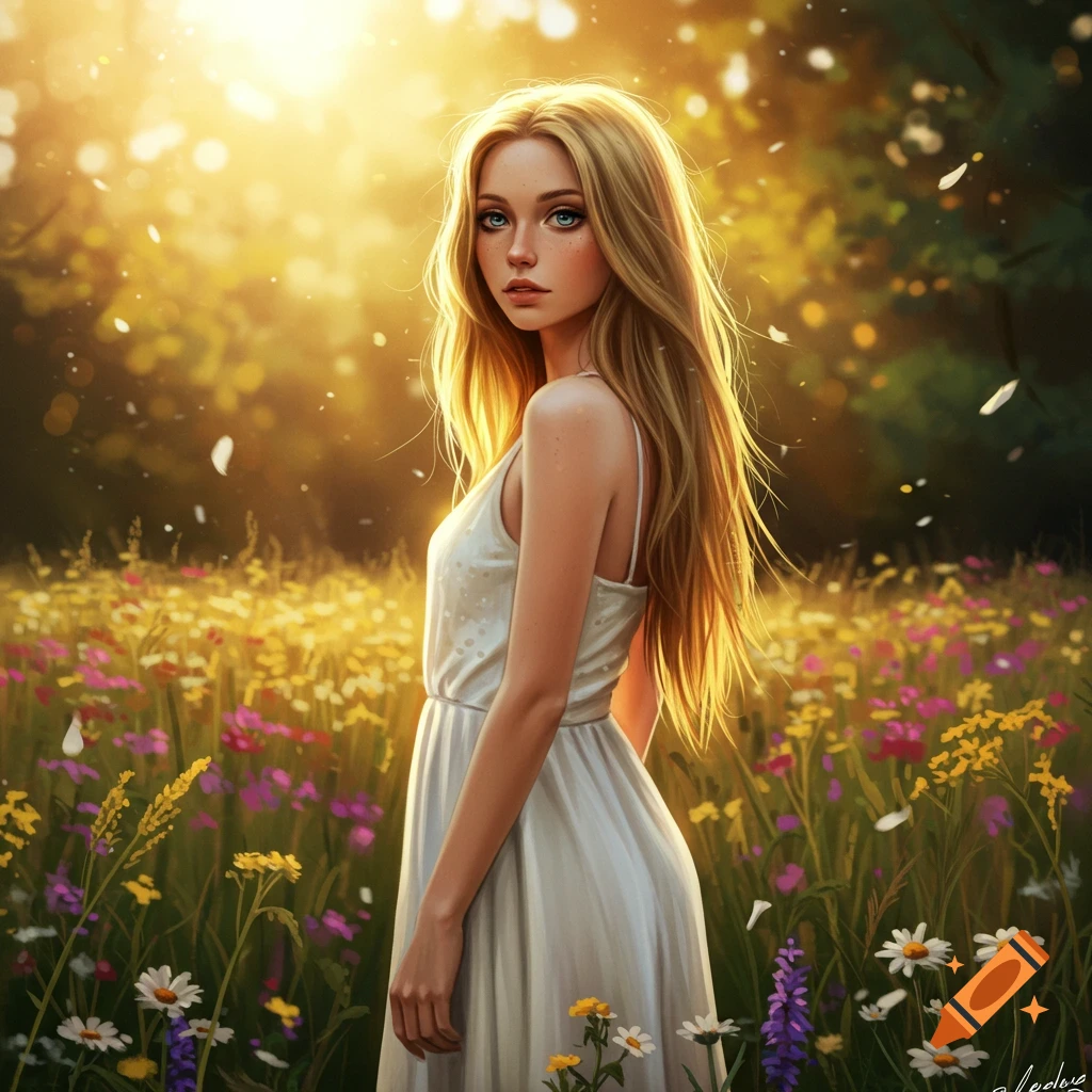A blonde woman in a white dress stands in a sunlit field of wildflowers, looking over her shoulder. Digital art.