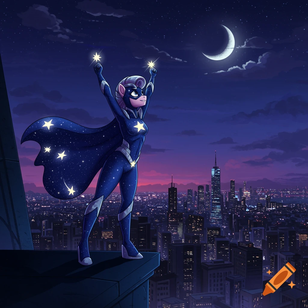 A superheroine in a dark blue star-covered suit and cape stands on a city rooftop at night, holding sparkling stars, with a crescent moon overhead.