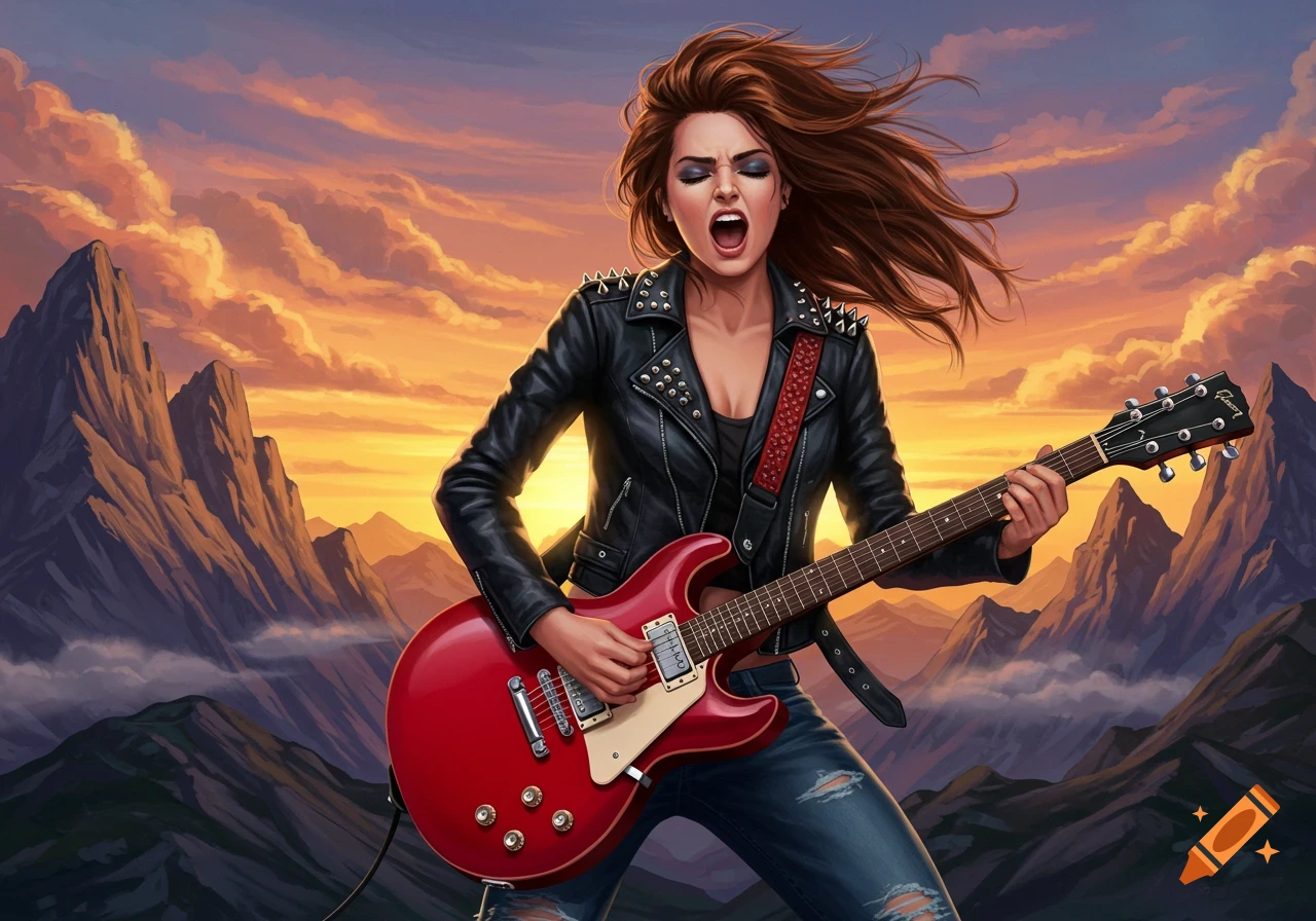 An energetic female rock guitarist with flowing brown hair, wearing a leather jacket and ripped jeans, plays a red electric guitar against a vibrant sunset over mountains.