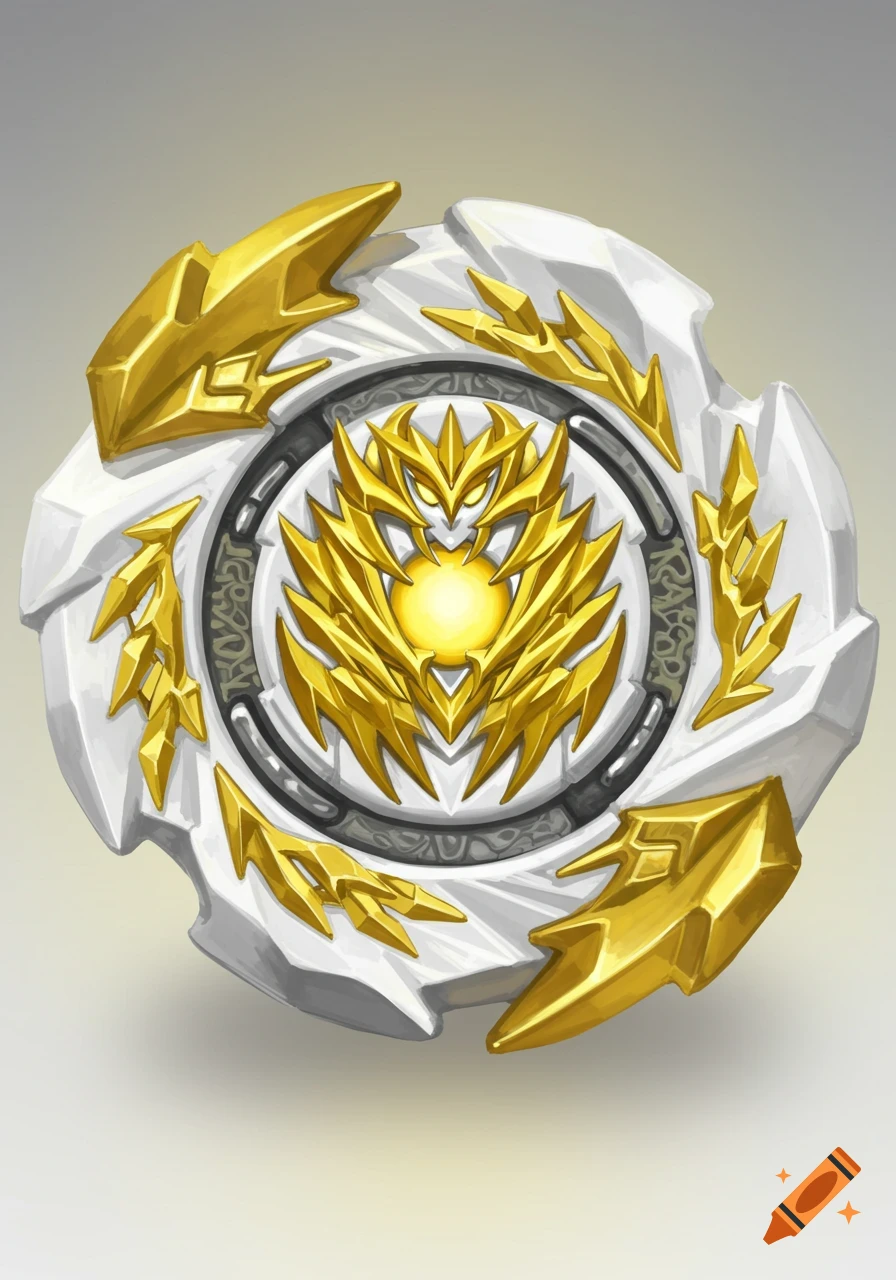 A white and gold Beyblade with a golden zephyr emblem featuring glowing eyes at its center.