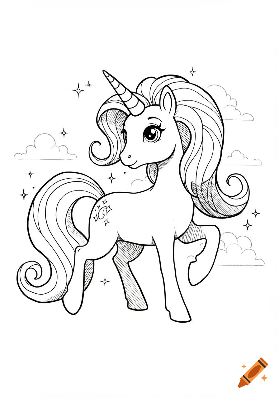 A black and white line drawing of a cartoon unicorn with a long mane and tail, surrounded by stars and clouds, ready for coloring.