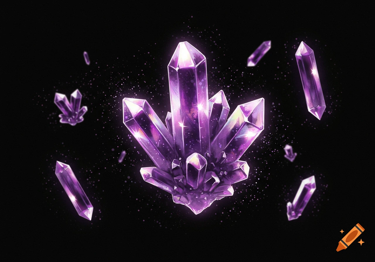 Shiny purple crystals of various sizes floating against a dark background with sparkling particles.