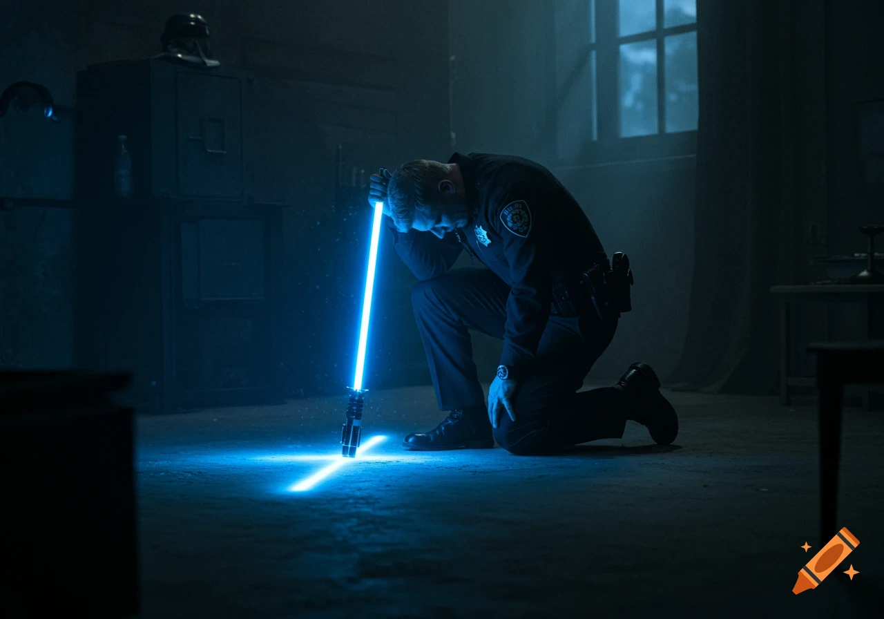 A sad police officer kneels in a dark room, leaning on a glowing blue lightsaber that casts light on the floor.