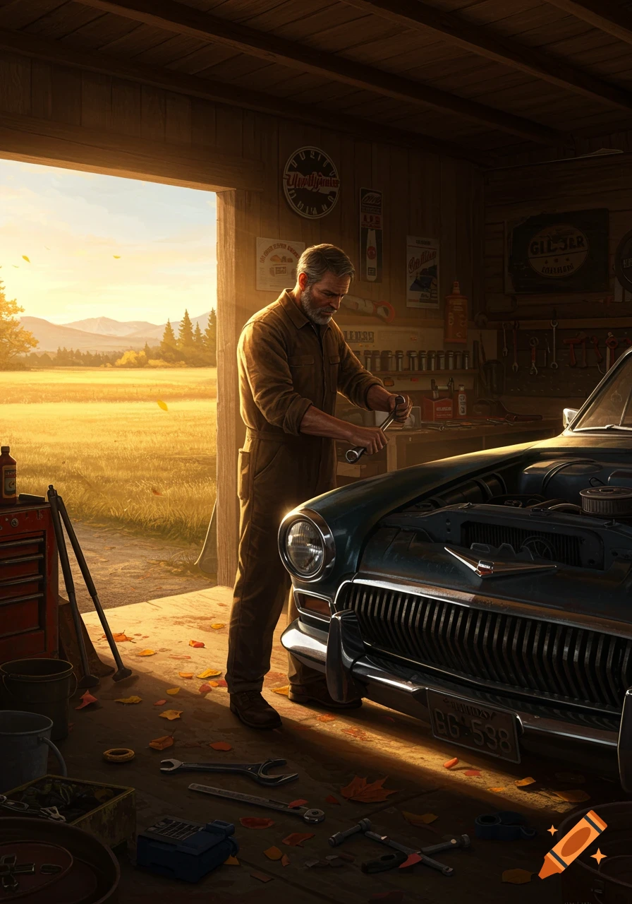 A man works on a classic car in a sunlit garage, looking out onto a rural landscape at sunset.