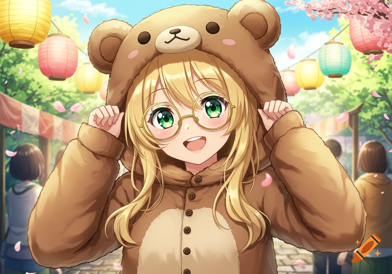 Anime girl with blonde hair, green eyes, and glasses in a brown bear suit at an outdoor festival with lanterns and cherry blossoms.