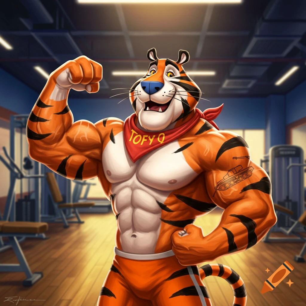 A muscular cartoon tiger flexing his biceps in a gym, with a tank tattoo on one arm.