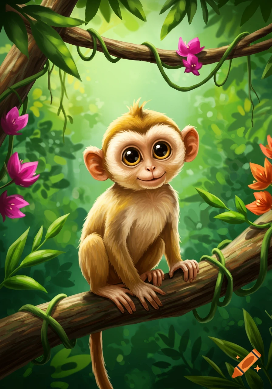 Cute cartoon monkey with big eyes sitting on a tree branch in a vibrant green jungle with pink and orange flowers.