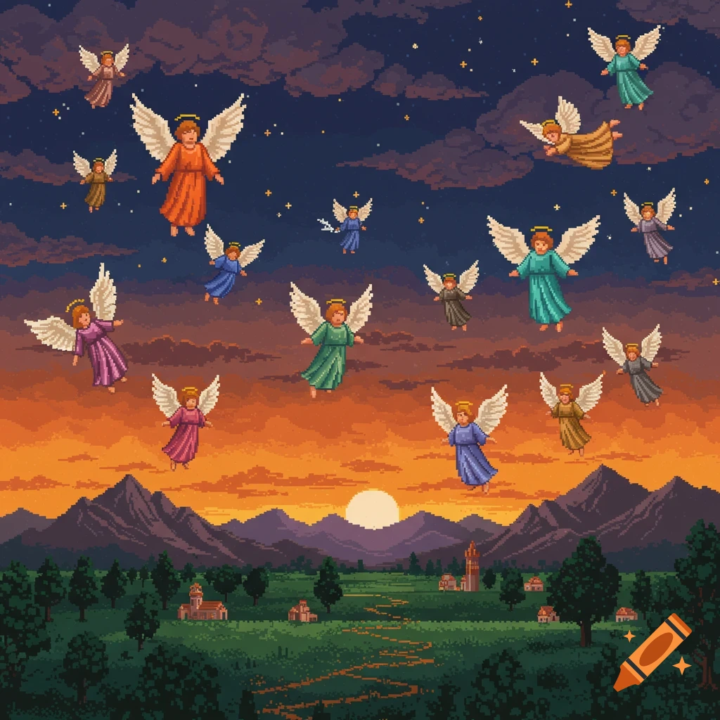 8-bit pixel art of numerous angels flying over a mountain landscape with trees and towns under a starry, cloudy sky at sunset.