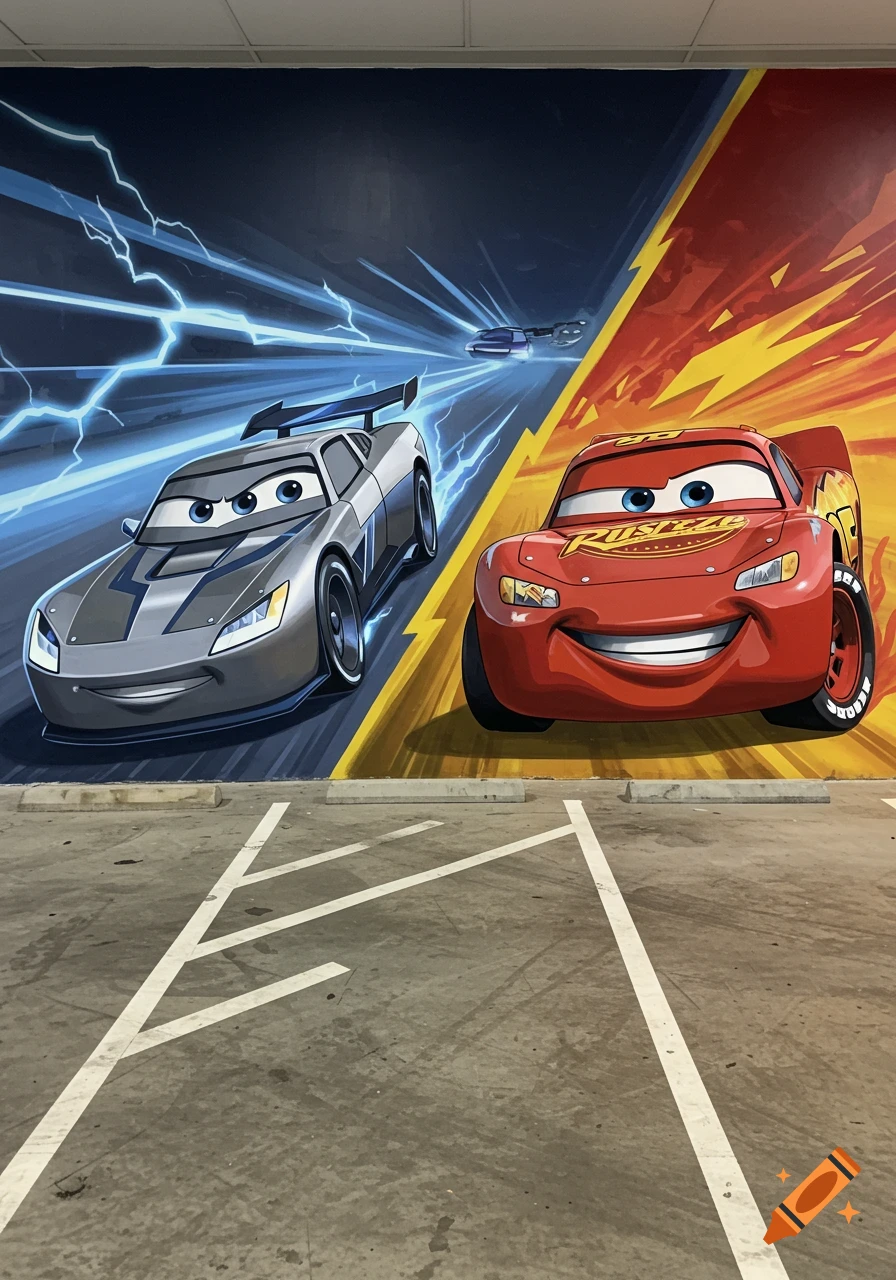 A colorful mural depicting Lightning McQueen and Jackson Storm racing, painted on a wall above a parking lot.