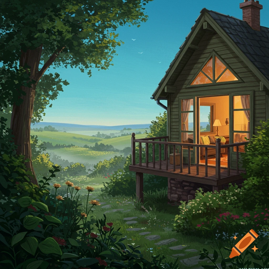 A cozy cottage with a balcony overlooks a misty green valley and rolling hills, surrounded by lush trees and flowers in a serene, illustrated style.