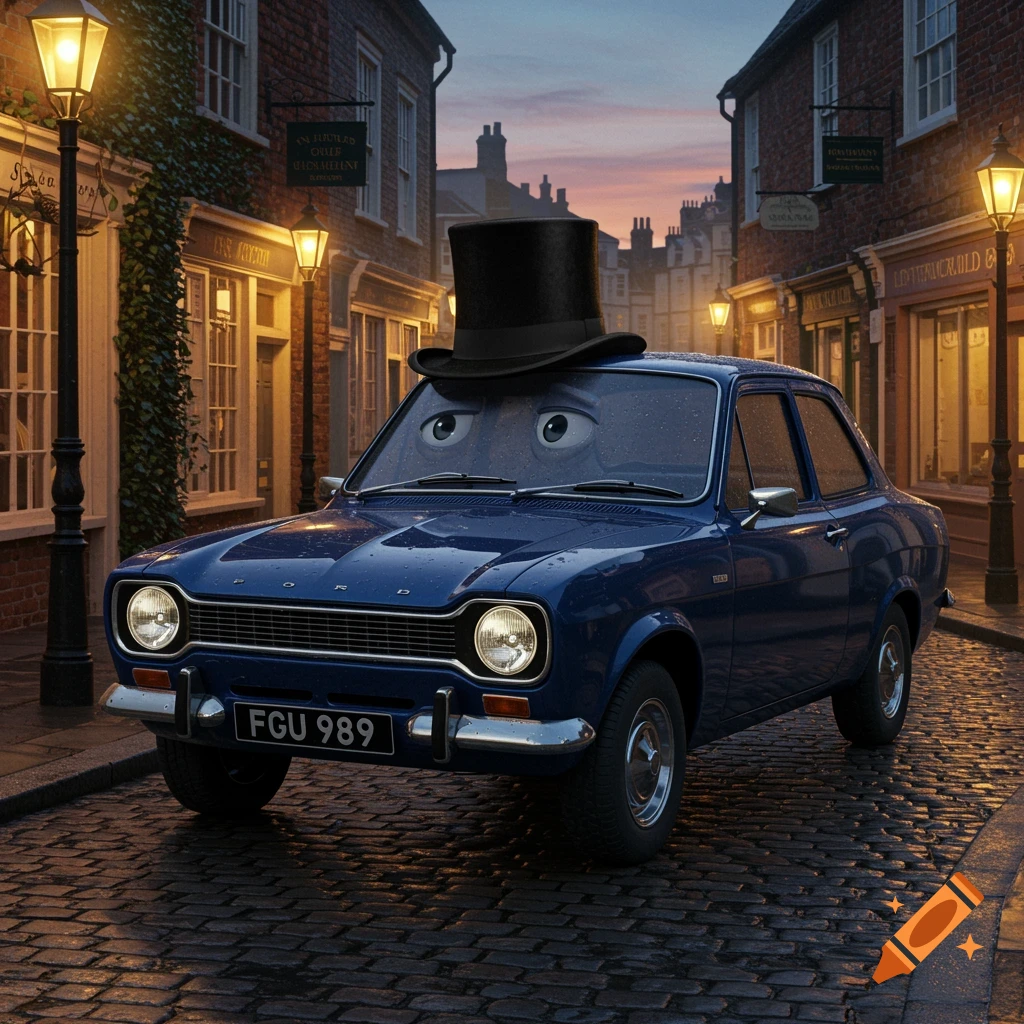 A dark blue Ford Escort car with large cartoon eyes on its windshield and a black top hat on its roof, parked on a cobblestone street at dusk, surrounded by old-fashioned buildings with illuminated windows and street lamps.