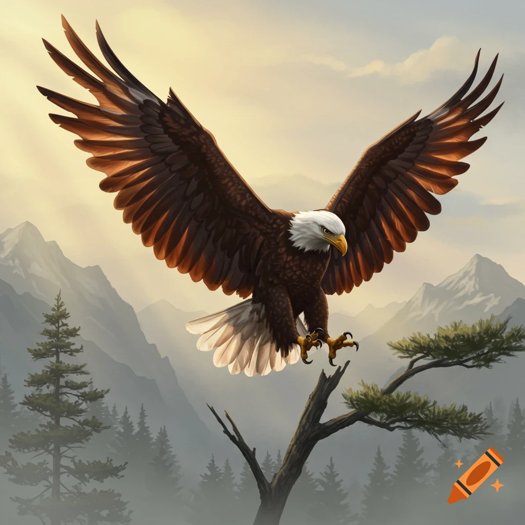 A majestic bald eagle with wings spread, landing on a tree branch in a mountainous landscape at dusk.