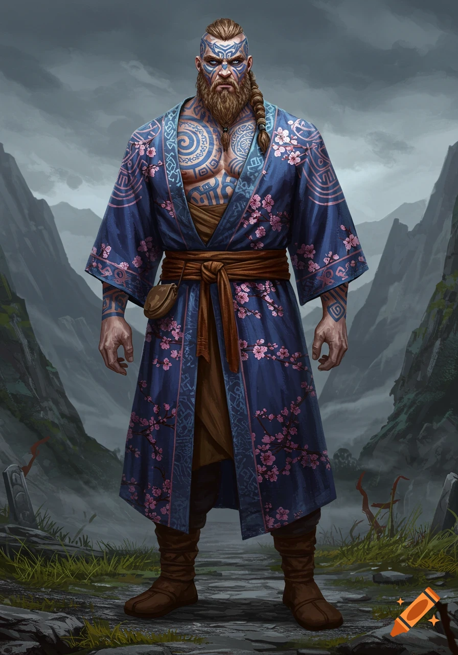 A fierce Viking man with blue facial tattoos and a long beard, wearing a blue cherry blossom kimono in a misty mountain landscape.