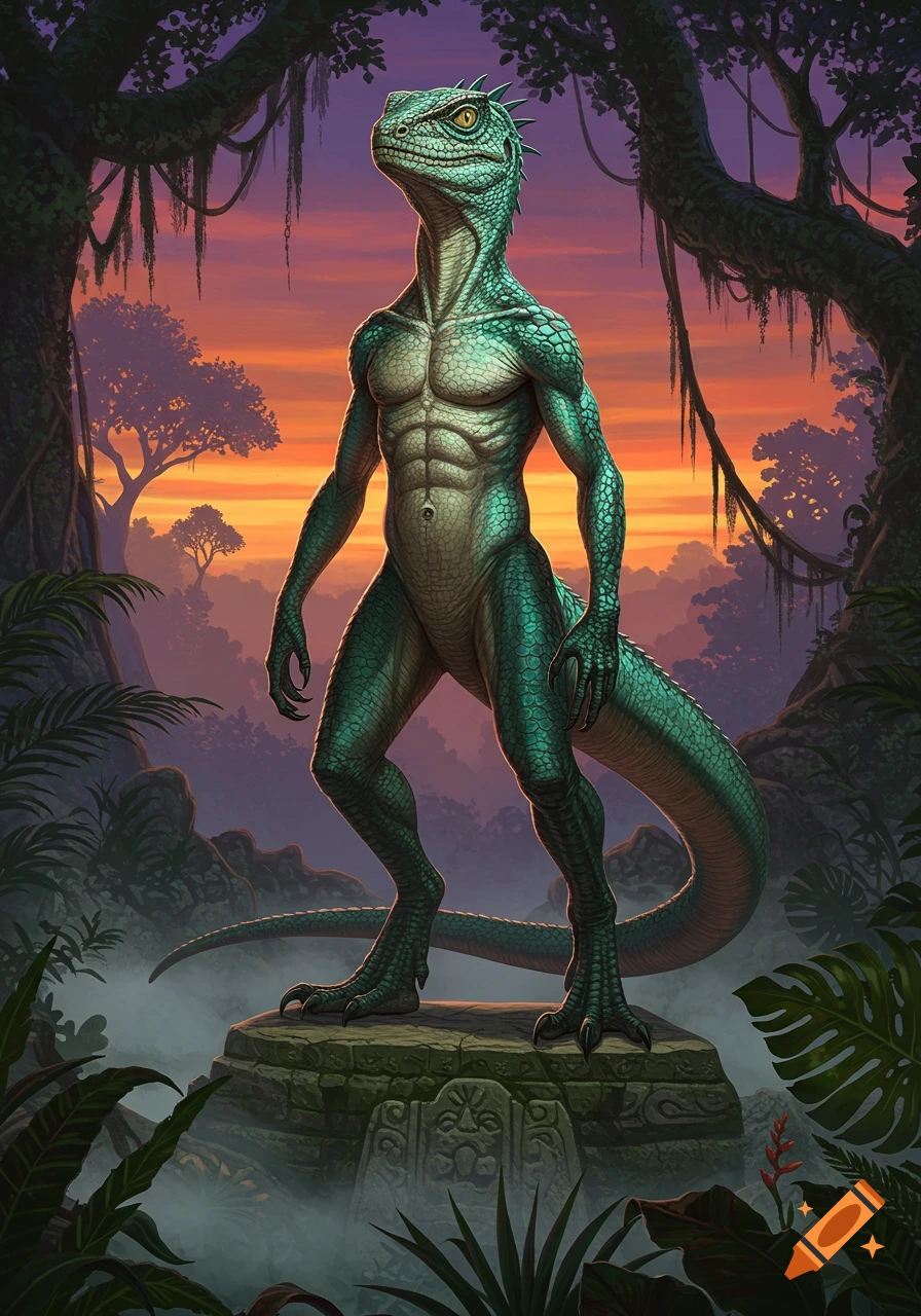 A muscular green lizard-human hybrid stands on a stone pedestal in a lush jungle at sunset.