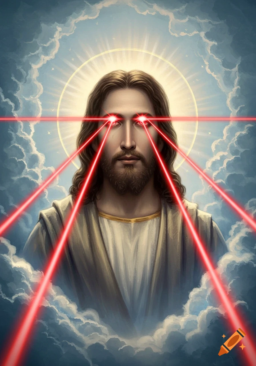 A digital painting of Jesus Christ with a halo and flowing brown hair, emitting bright red laser beams from his eyes, set against a cloudy blue sky.