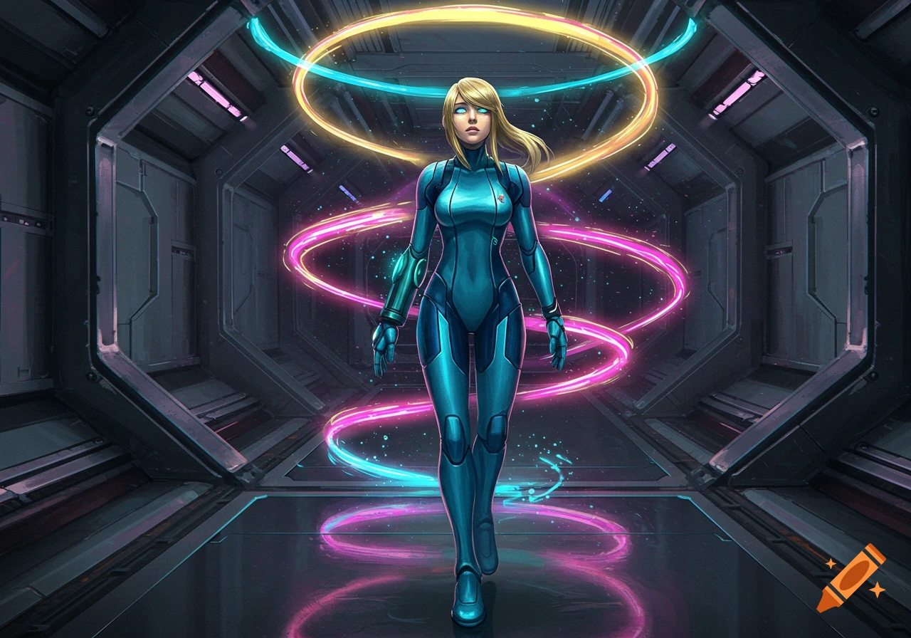 A female character in a blue futuristic suit stands in a sci-fi corridor with glowing neon rings around her.