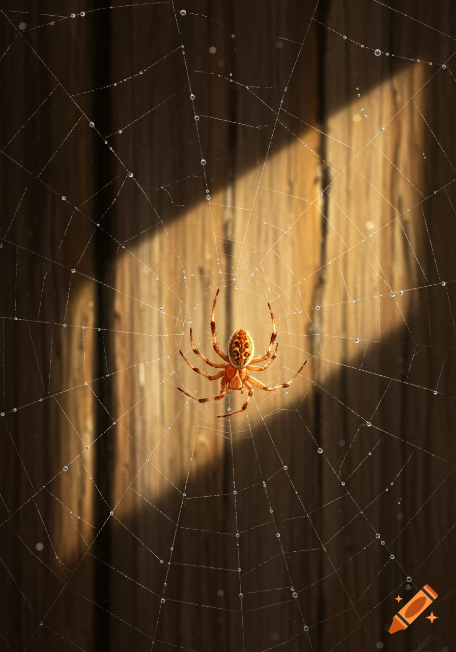 A close-up, photorealistic image of an orange and brown spider in the center of a dew-covered web, illuminated by sunlight against a blurred wooden background.