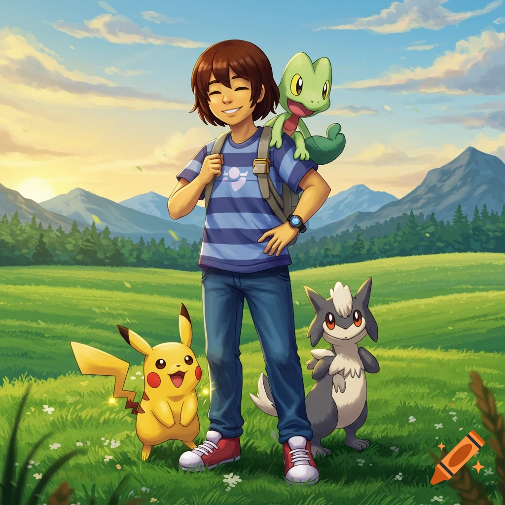 A boy with a backpack stands in a grassy field with mountains at sunset, accompanied by Pikachu, Treecko, and a gray Meowstic.