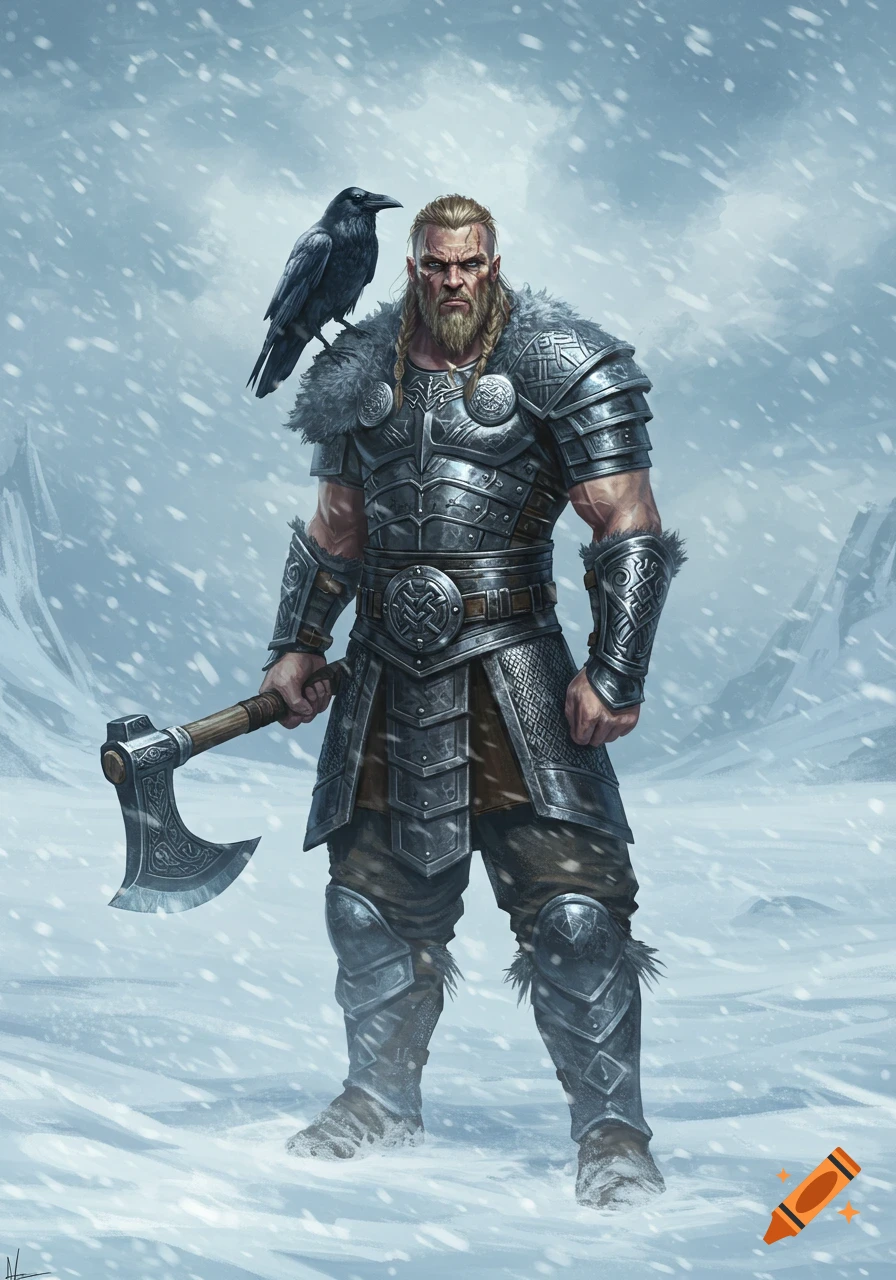 A formidable Viking warrior in ornate armor stands in a snowy landscape, holding an axe, with a raven perched on his shoulder. Digital art.