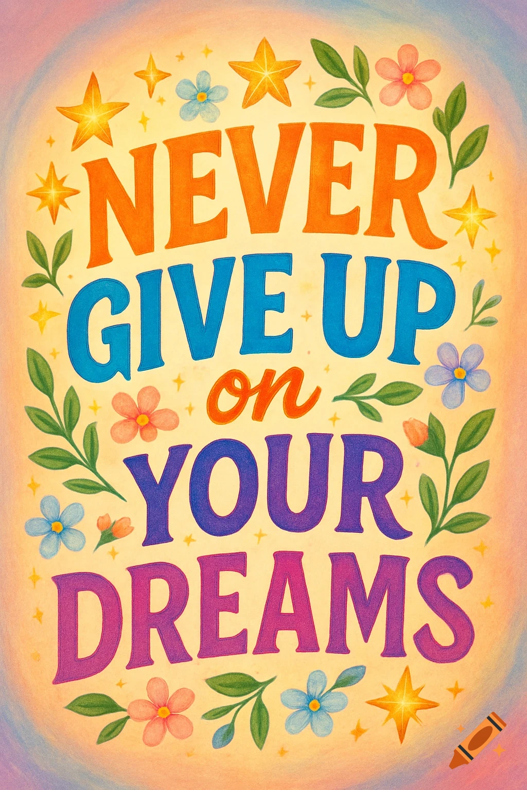 Colorful, bold lettered quote 'Never Give Up on Your Dreams' with decorative stars and flowers, vibrant illustration style.