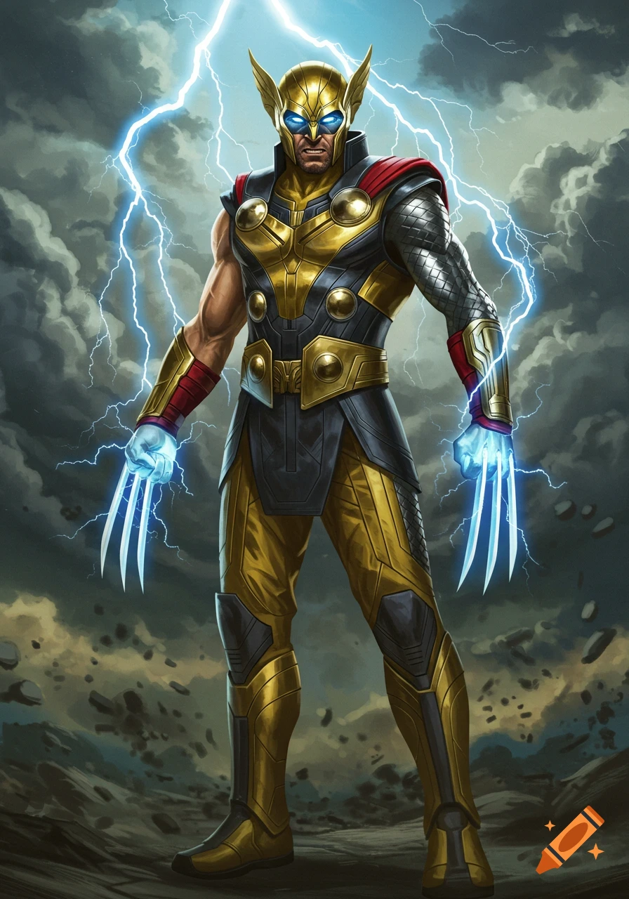 A muscular superhero, a fusion of Wolverine and Thor, stands ready for battle. He wears golden and dark armor with a red cape, glowing blue eyes, and lightning claws emanating from his hands.