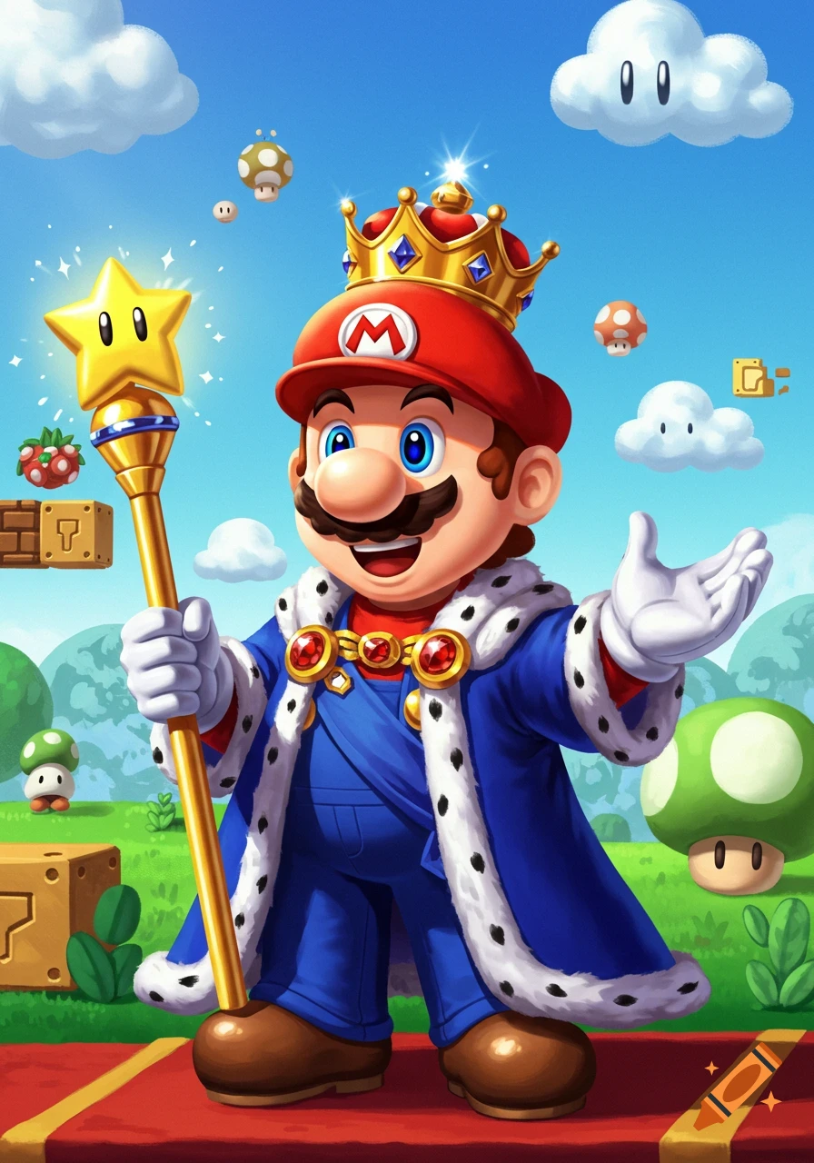 Mario dressed as a king, wearing a blue robe and a gold crown, holding a star-tipped scepter in a vibrant cartoon landscape with clouds and mushrooms.