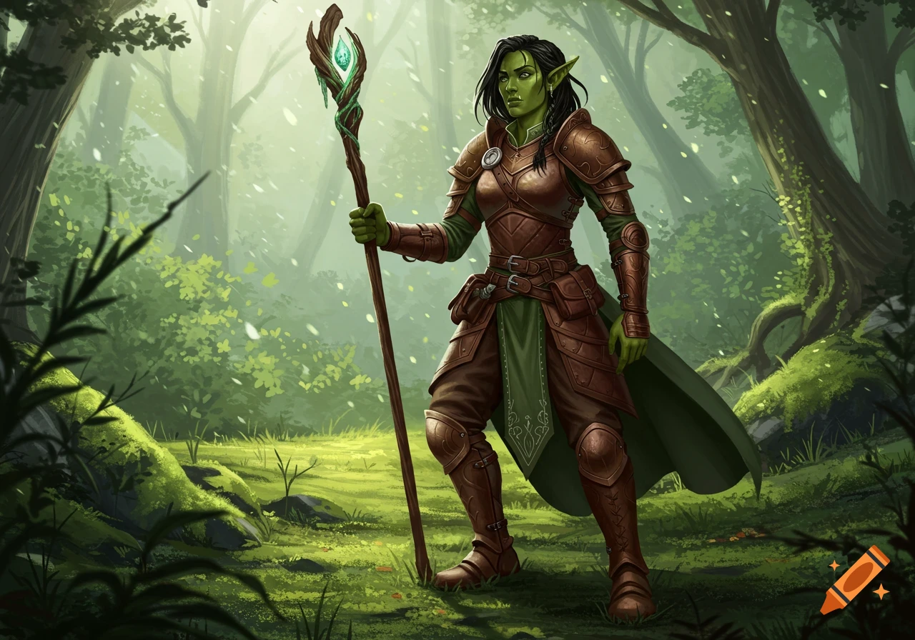 A female half-orc druid in leather armor stands in a sunlit forest, holding a glowing staff.