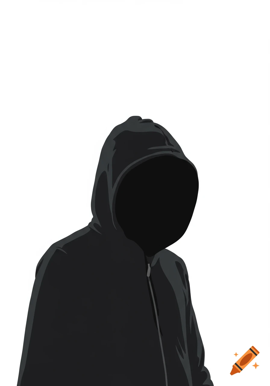A minimalist illustration of a person in a black hoodie with a black void for a face on a white background.