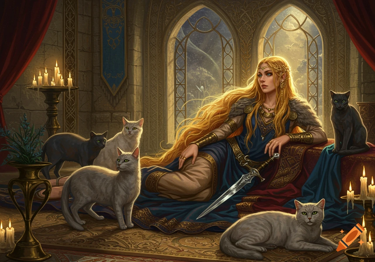 A blonde elf-like woman in a blue gown with a dagger reclines in a medieval hall, surrounded by cats and candles.