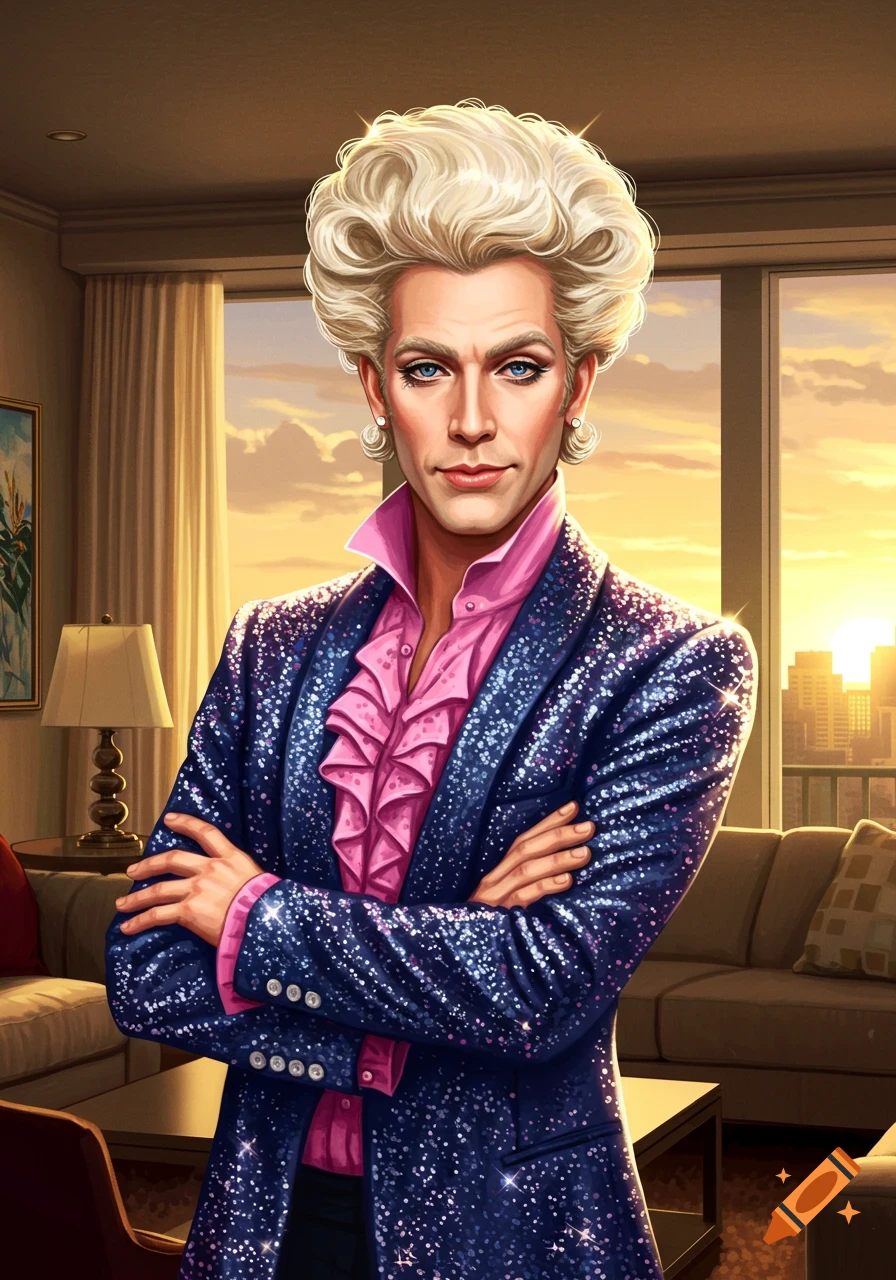 A man with large blonde hair and makeup wears a pink ruffled shirt and sparkly blue jacket, standing in a room with a sunset city view.